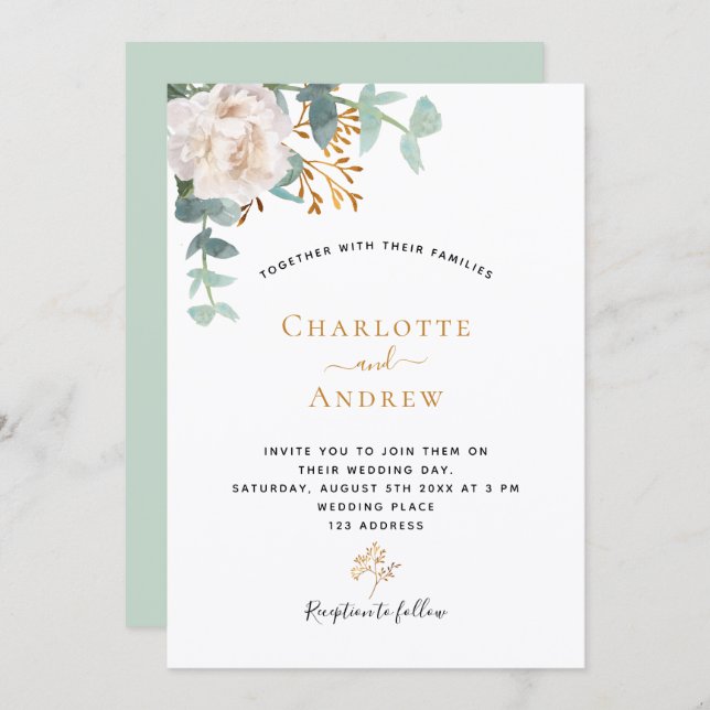 Floral eucalyptus greenery modern elegant wedding invitation (Front/Back)