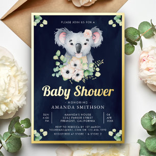 Floral Eucalyptus Koala Girl Navy Baby Shower Gold
