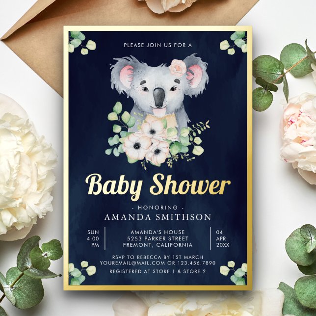 Floral Eucalyptus Koala Girl Navy Baby Shower Gold (Creator Uploaded)