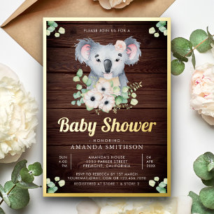 Floral Eucalyptus Koala Girl Wood Baby Shower Gold