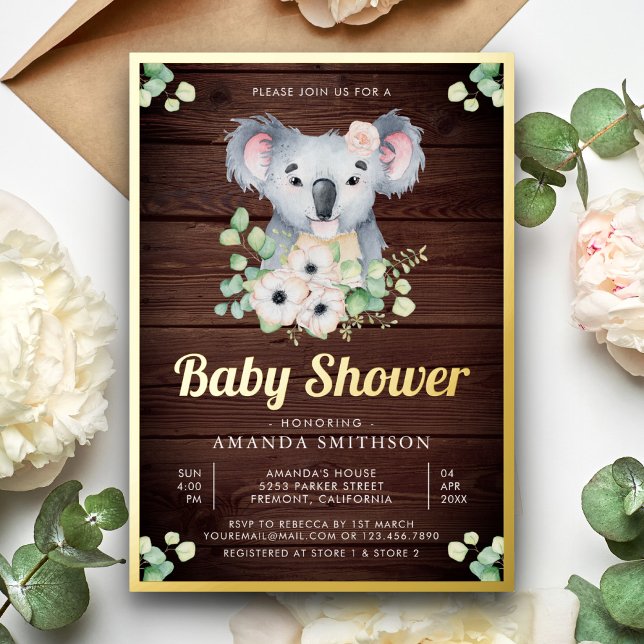 Floral Eucalyptus Koala Girl Wood Baby Shower Gold (Creator Uploaded)