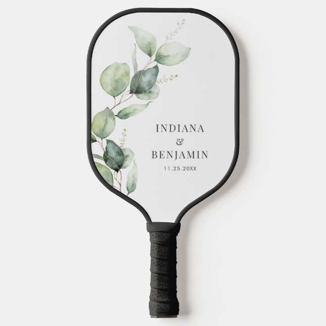 Floral Eucalyptus Leaves Script Custom Wedding Pickleball Paddle (Front)