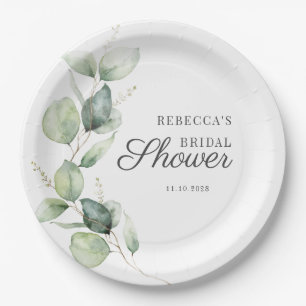 Floral Eucalyptus Script Succulent Bridal Shower Paper Plate