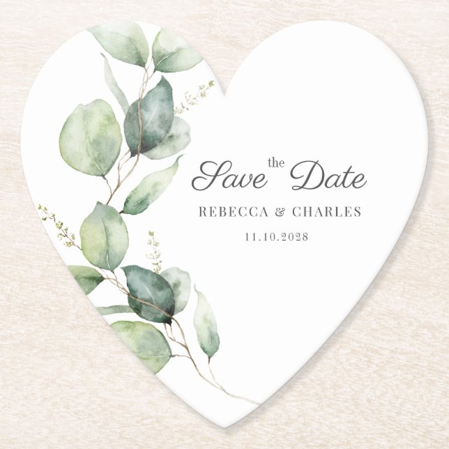 Floral Eucalyptus Script Wedding Save the Date Paper Coaster (Front)