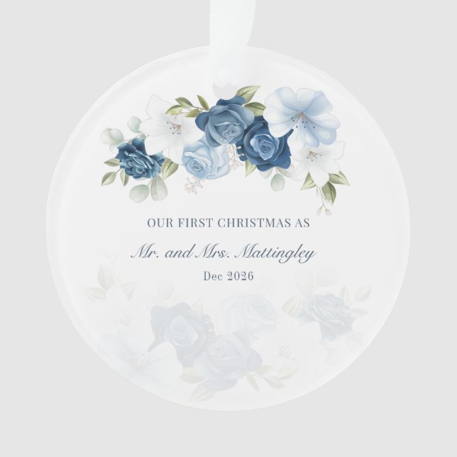 Floral Eucalyptus Succulent Couples Dusty Blue Ornament (Front)