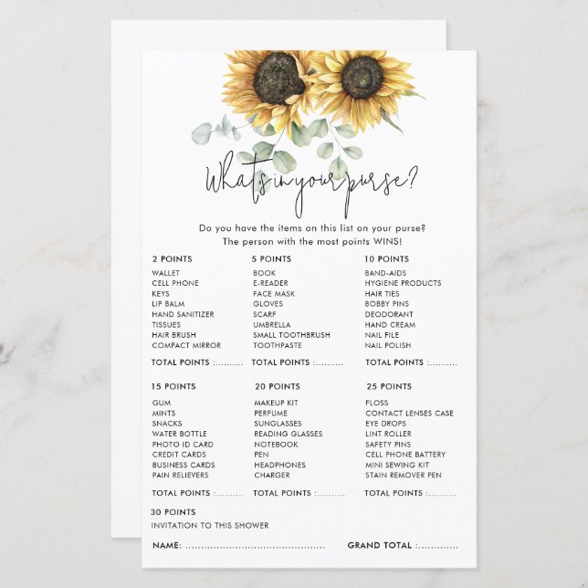 Floral Eucalyptus Sunflower Bridal Shower Game (Front/Back)