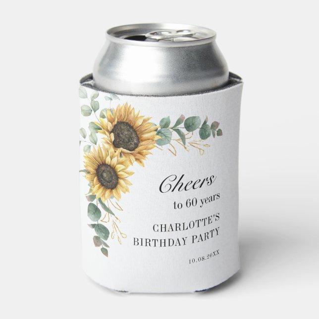 Floral Eucalyptus Sunflower Script 60th Birthday Can Cooler (Can Front)