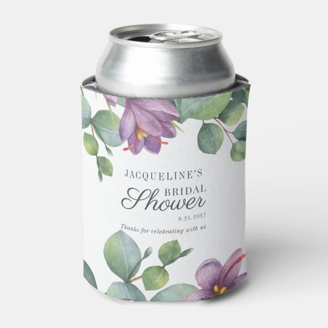 Floral Eucalyptus Watercolor Script Bridal Shower Can Cooler (Can Front)