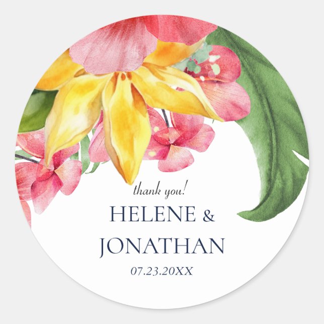 Floral Exotic Tropical Destination Wedding Classic Round Sticker (Front)
