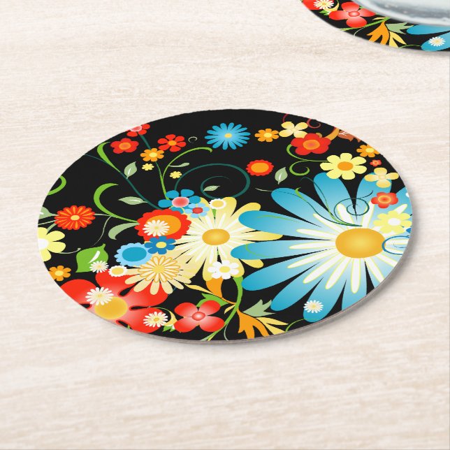 Floral Explosion of Colour on Black Round Paper Coaster (Angled)