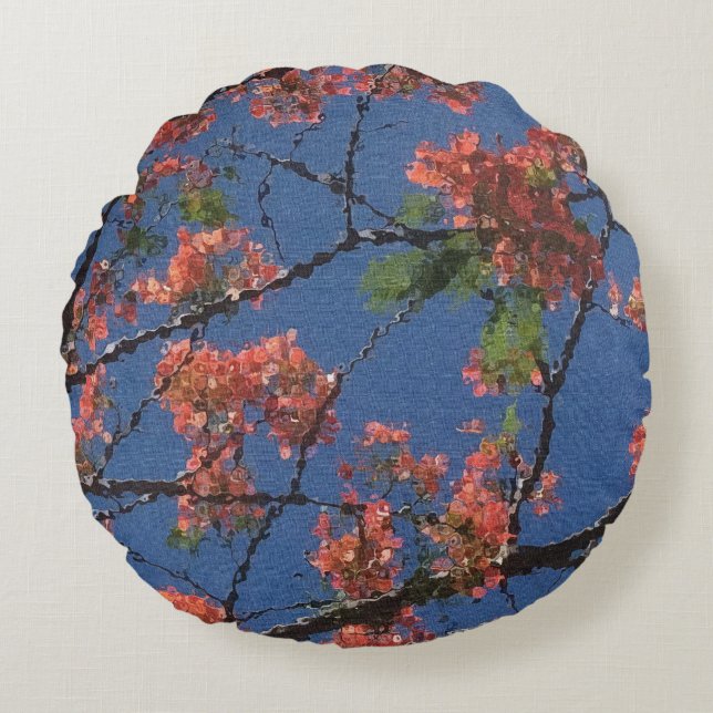 Floral Fabric, Blue Round Cushion (Front)