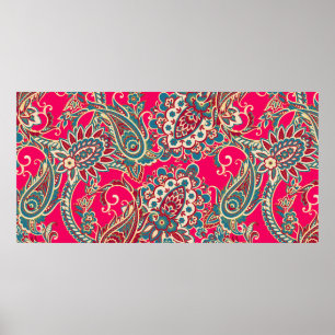 Floral fabric with paisley ornament seamless patte poster