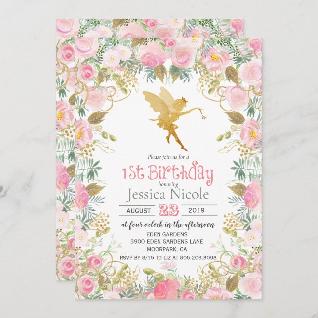 Floral Fairy 1st Birthday Invitation (Front/Back)