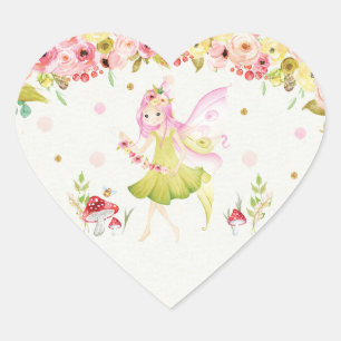 Floral Fairy Birthday Party Favor Heart Sticker