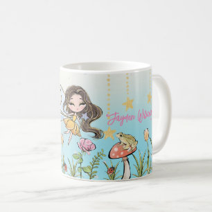Floral Fairy Brown Hair Girl Custom Name Kids Mug
