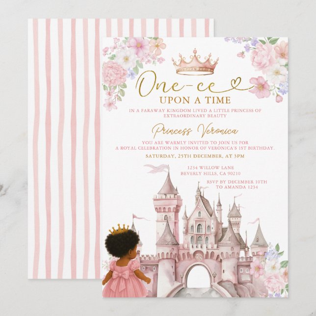 Floral Fairytale African American Girl Birthday Invitation (Front/Back)