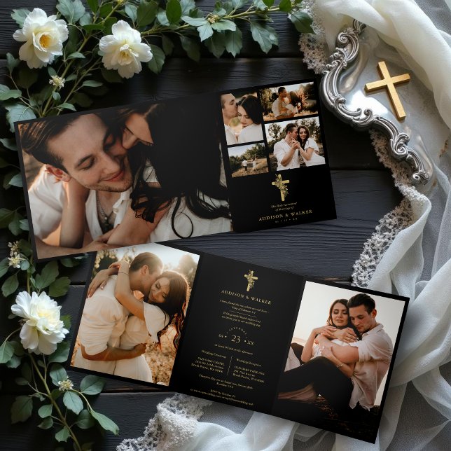 Floral Faith Cross Black Trendy Stylish Collage Tri-Fold Invitation (Christian Cross Black Trendy & Stylish Collage Wedding 7 Photos Tri-Fold Invitations Cards.)