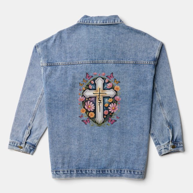 Floral Faith Cross  Denim Jacket (Back)