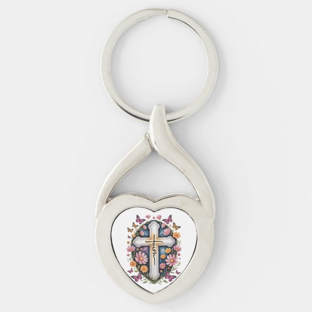 Floral Faith Cross  Key Ring (Front)