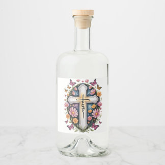 Floral Faith Cross Liquor Bottle Label