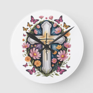 Floral Faith Cross  Round Clock