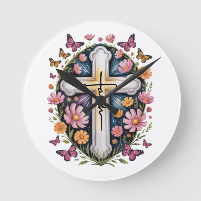 Floral Faith Cross  Round Clock (Front)