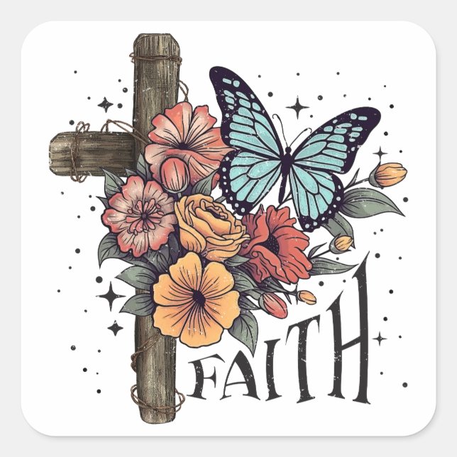 Floral Faith Cross Square Sticker (Front)