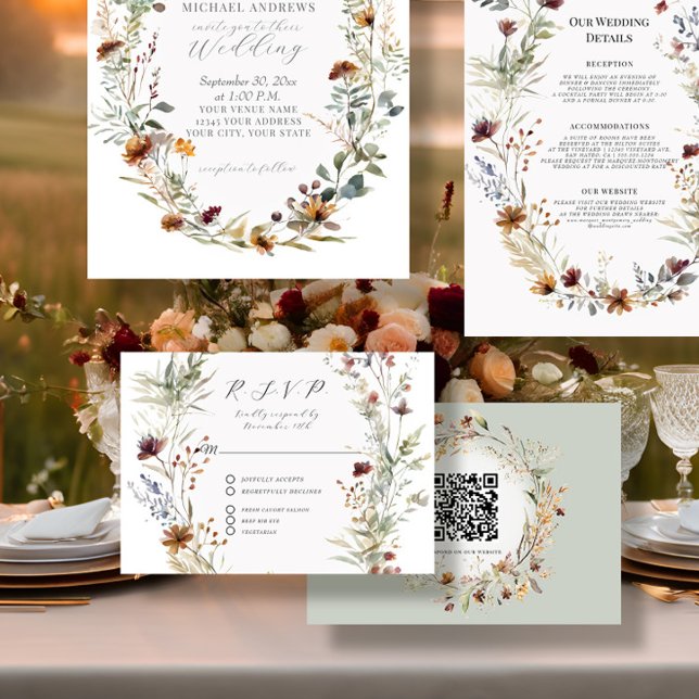 Floral Fall BOHO Wildflower Floral QR code Wedding RSVP Card (Creator Uploaded)