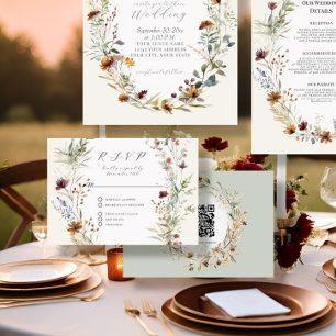 Floral Fall BOHO Wildflower Ivory QR code Wedding RSVP Card