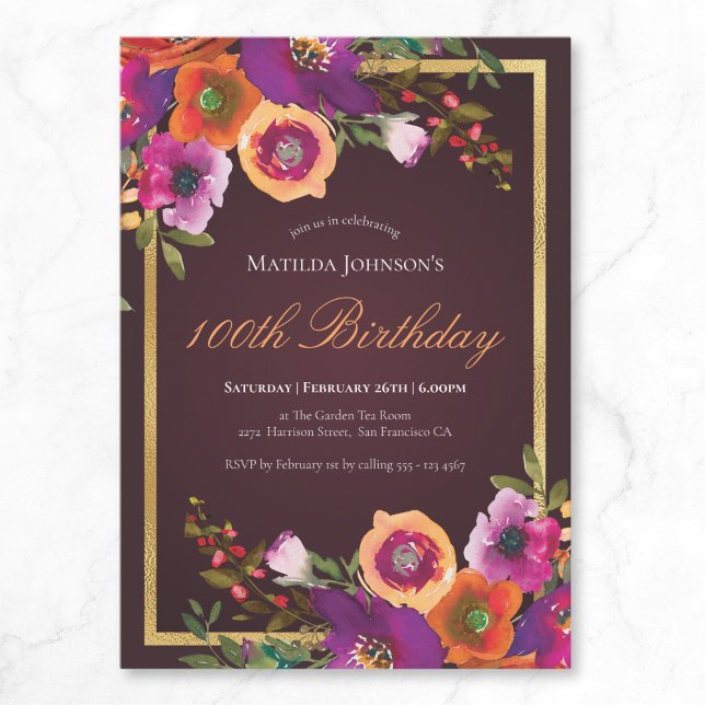 Floral Fall Burgundy 100th Birthday Party Invitation (Floral Fall Burgundy 100th Birthday Party Invitation)