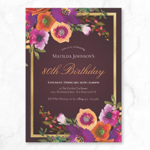 Floral Fall Burgundy 80th Birthday Party Invitation