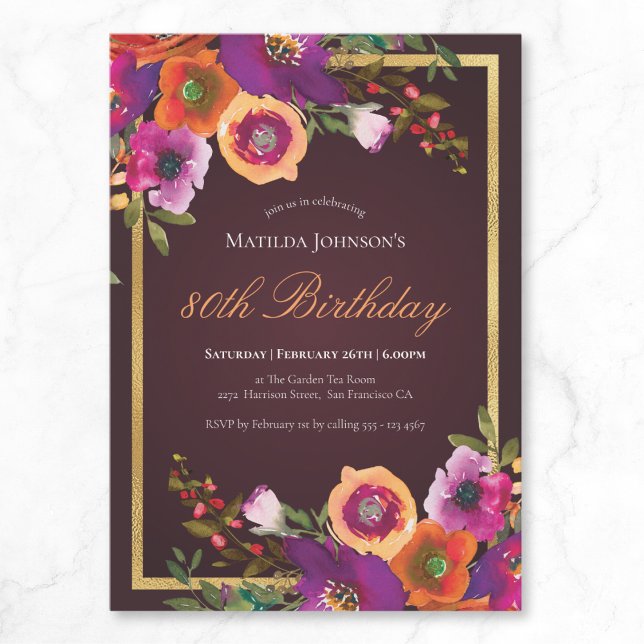 Floral Fall Burgundy 80th Birthday Party Invitation (Floral Fall Burgundy 80th Birthday Party Invitation)