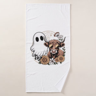 Floral Fall Highland Cow Ghost Bath Towel