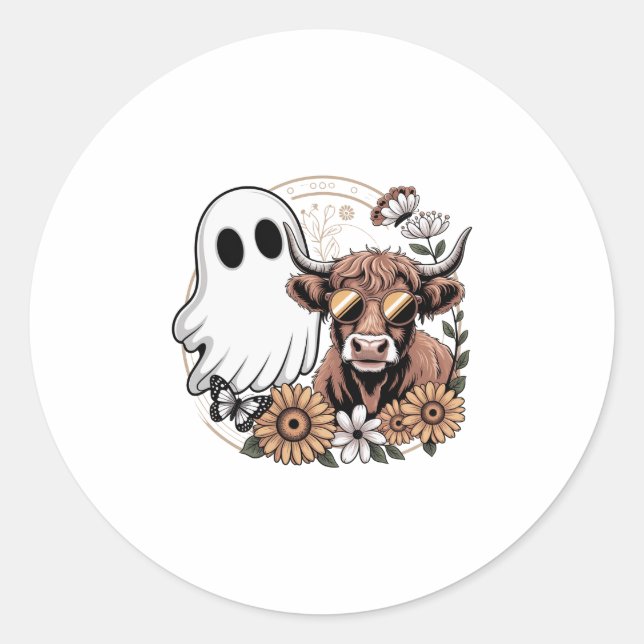 Floral Fall Highland Cow Ghost Classic Round Sticker (Front)