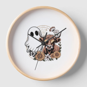 Floral Fall Highland Cow Ghost Clock