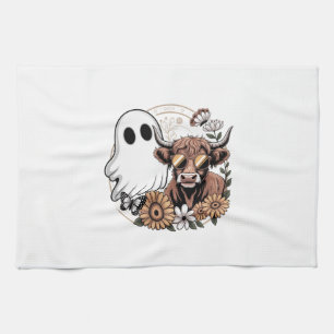 Floral Fall Highland Cow Ghost Tea Towel