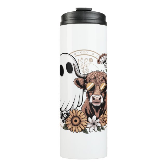 Floral Fall Highland Cow Ghost Thermal Tumbler (Front)