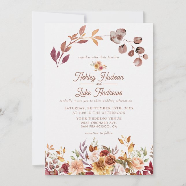 Floral Fall in Love Boho Fall Botanical Wedding Invitation (Front)