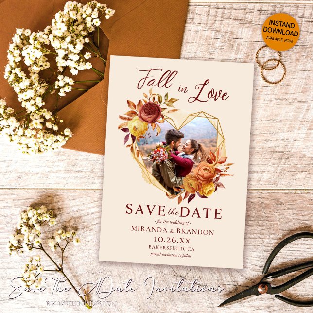 Floral Fall in Love Photo Wedding Save the Date Invitation (Creator Uploaded)