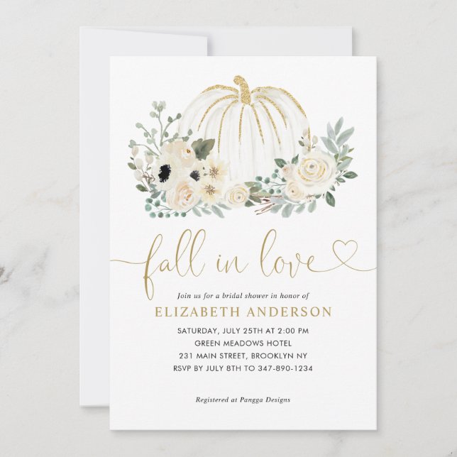 Floral Fall in Love White Pumpkin Bridal Shower Invitation (Front)