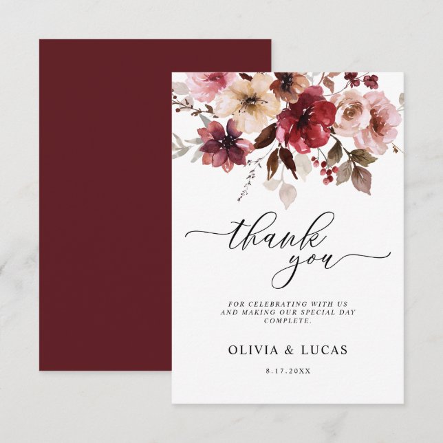 Floral Fall Maroon Rustic Fall Leaves Wedding Thank You Card (Front/Back)