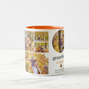 Floral Fall Modern Happy thanksgiving family photo Two-Tone Coffee Mug