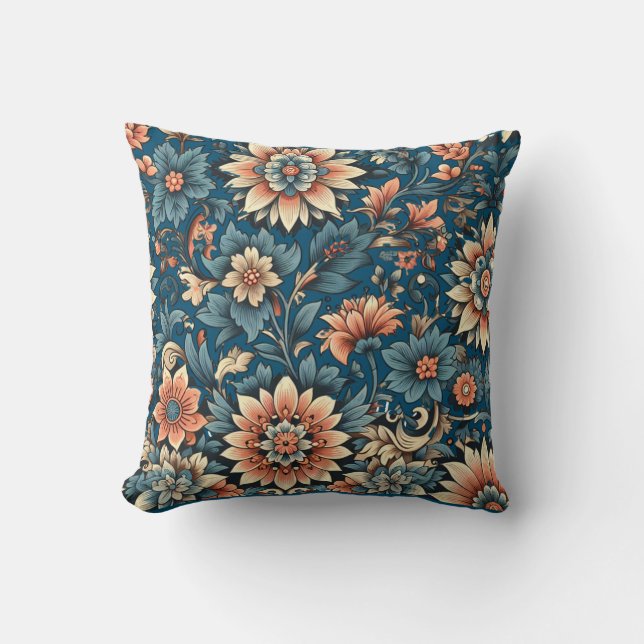 Floral fall peach & blue bloom cushion (Front)