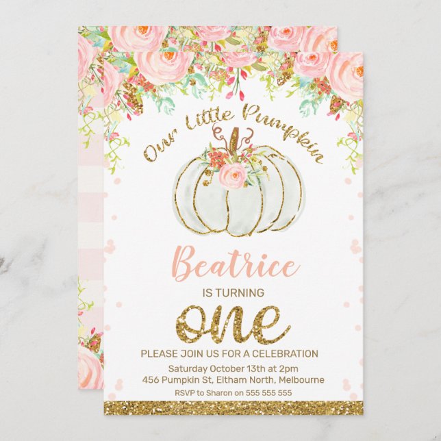 Floral Fall Pumpkin 1st Birthday Invitation (Front/Back)
