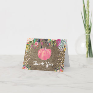 Floral Fall Pumpkin Burlap Gold Glitter Confetti Thank You Card