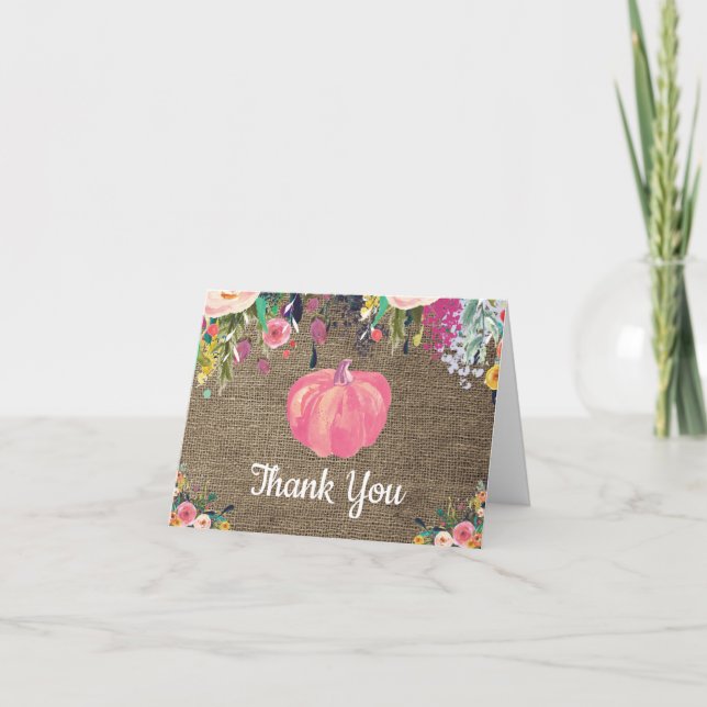 Floral Fall Pumpkin Burlap Thank You Card (Front)