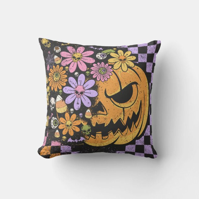 Floral Fall Pumpkin Halloween Cushion (Front)
