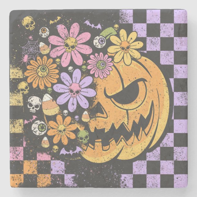 Floral Fall Pumpkin Halloween Stone Coaster (Front)