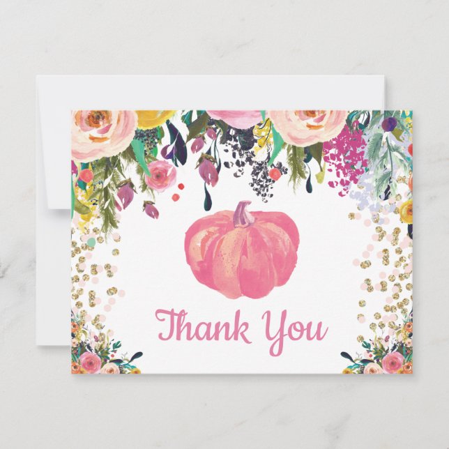 Floral Fall Pumpkin Pink Gold Glitter Confetti Thank You Card (Front)