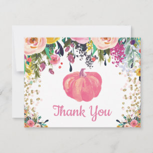 Floral Fall Pumpkin Pink Gold Glitter Confetti Thank You Card